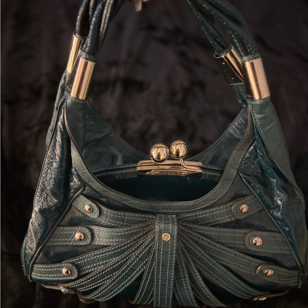 Versace Teal Blue Shoulder Bag with Silver-Tone Hardware - Picture 12 of 16